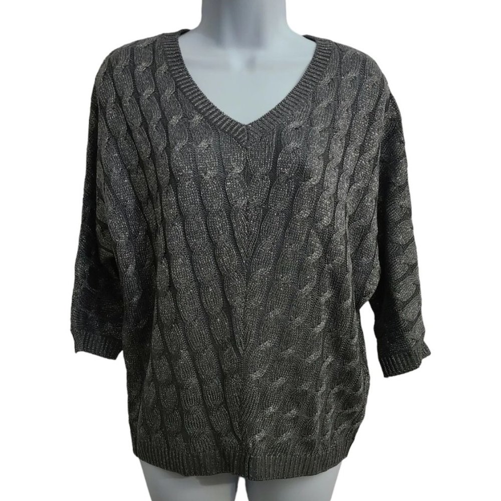 NWT New York & Company Women's V Neck Knitted Sweater Tinsel Gray Size XS